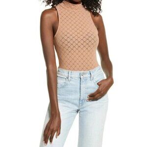 𝅺OPEN Edit  Bnwt Womens Tan Lace Sheer Mockneck Bodysuit Sz Small Sleeveless